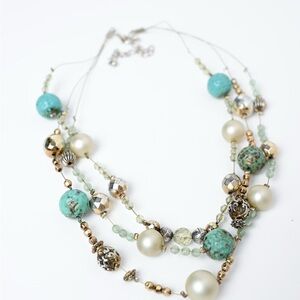 Blue and Gold Multi-Strand Necklace with Ornate Metalwork